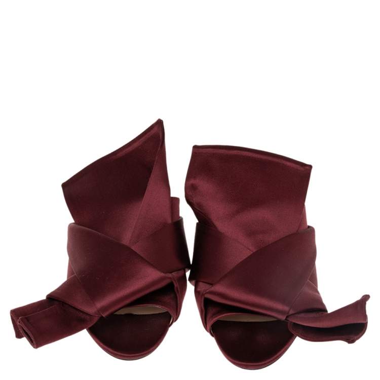 Pre Owned N21 Burgundy Satin Raso Knot Peep Toe Mules Size 37
