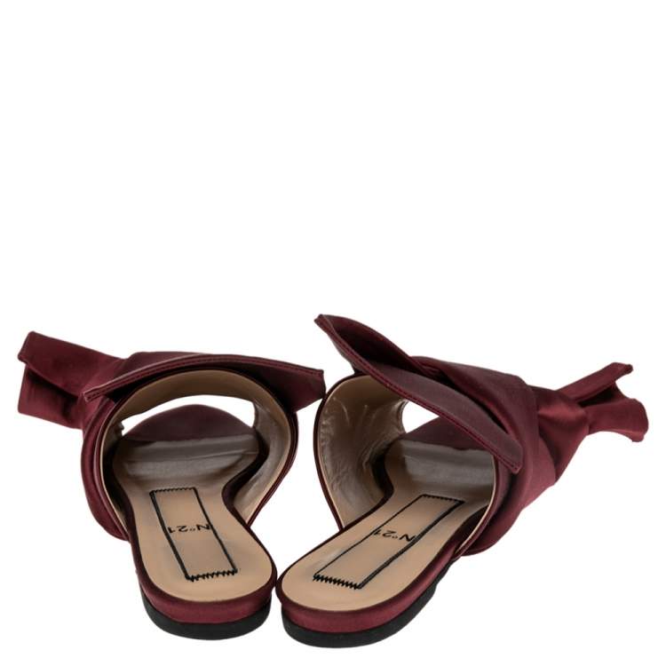 Pre Owned N21 Burgundy Satin Raso Knot Peep Toe Mules Size 37