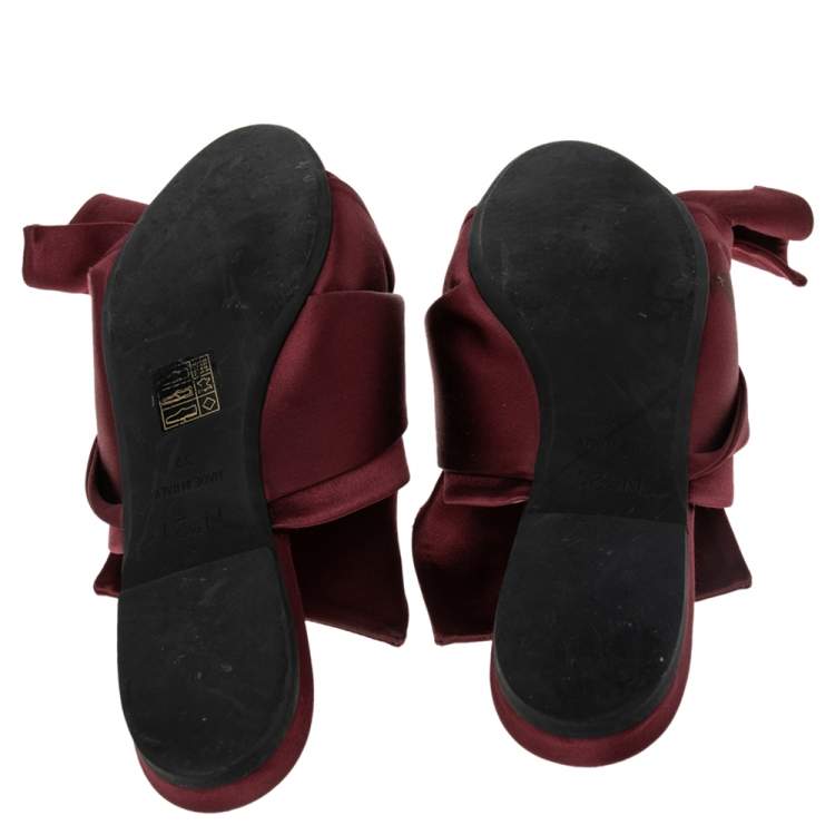 Pre Owned N21 Burgundy Satin Raso Knot Peep Toe Mules Size 37