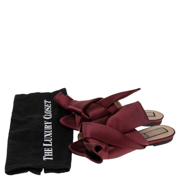 Pre Owned N21 Burgundy Satin Raso Knot Peep Toe Mules Size 37