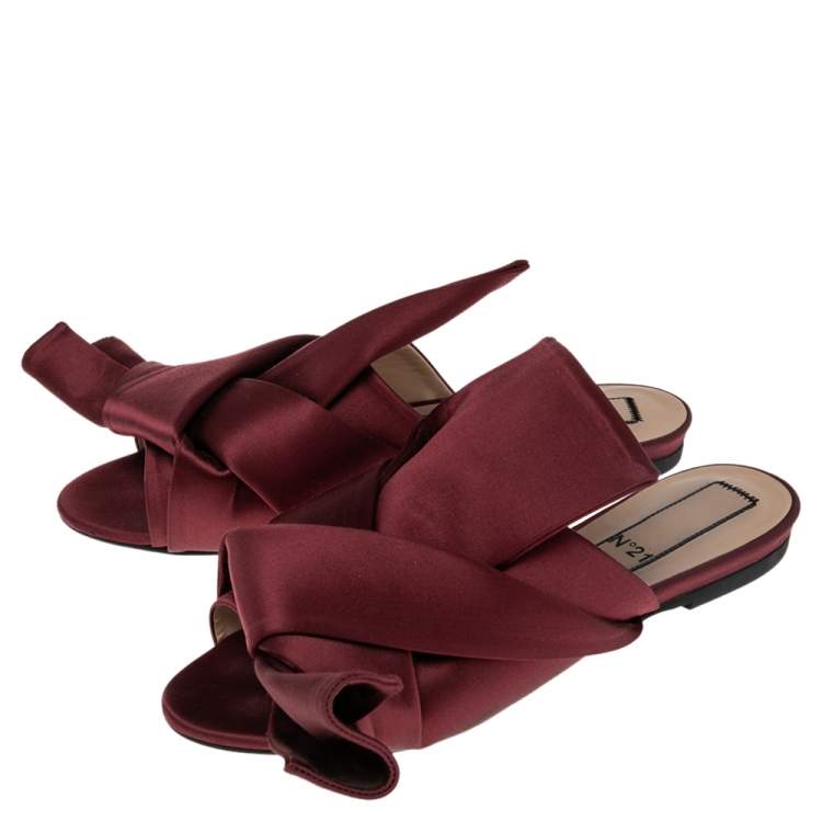 Pre Owned N21 Burgundy Satin Raso Knot Peep Toe Mules Size 37