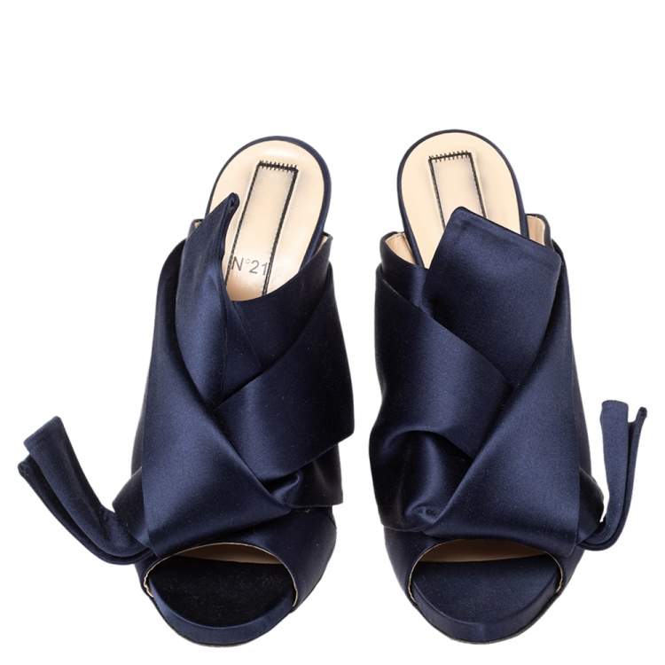Pre Owned N21 Navy Blue Satin Raso Knot Peep Toe Slide Mules Size 41