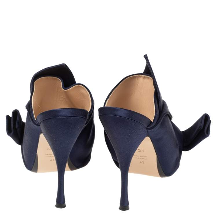 Pre Owned N21 Navy Blue Satin Raso Knot Peep Toe Slide Mules Size 41