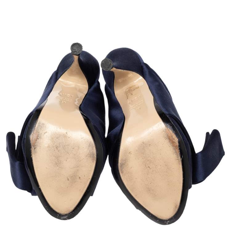 Pre Owned N21 Navy Blue Satin Raso Knot Peep Toe Slide Mules Size 41