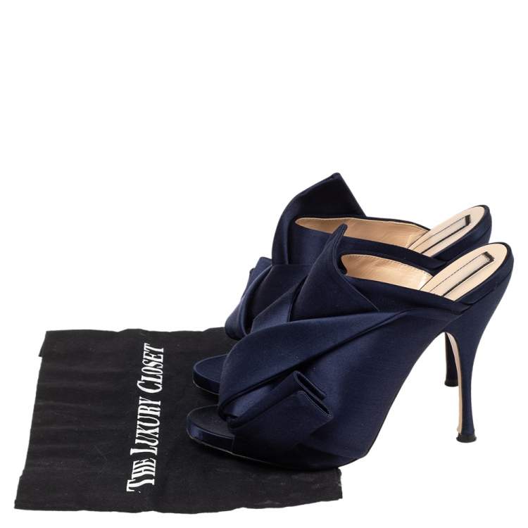 Pre Owned N21 Navy Blue Satin Raso Knot Peep Toe Slide Mules Size 41