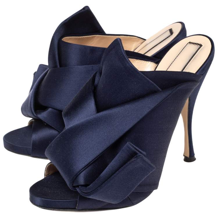 Pre Owned N21 Navy Blue Satin Raso Knot Peep Toe Slide Mules Size 41