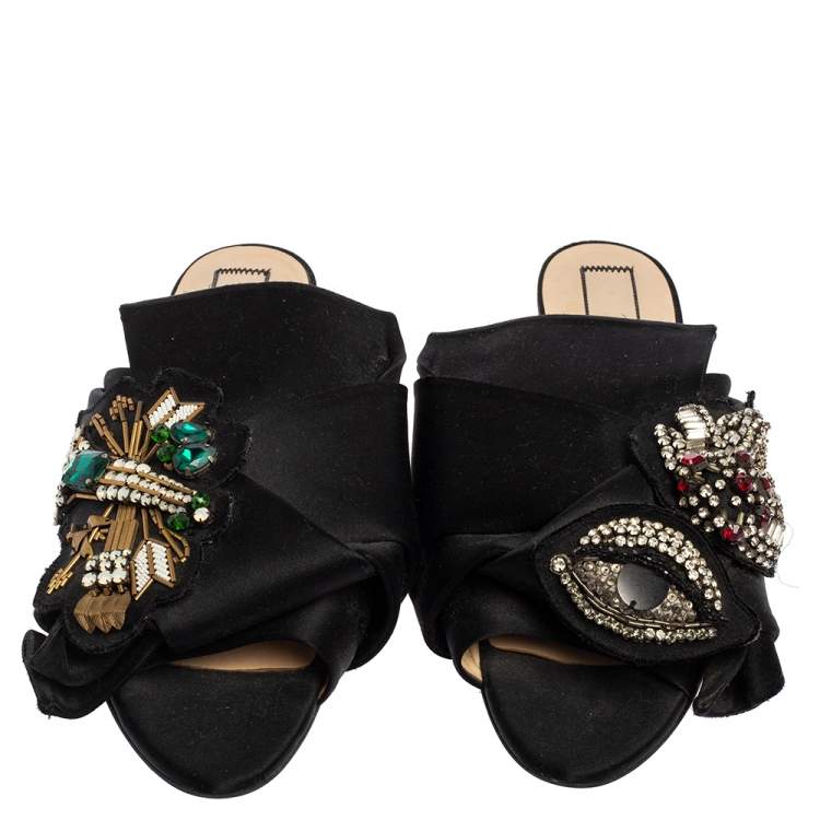 Pre Owned N°21 Black Satin  Embellished Knot Flats Sandals Size 38