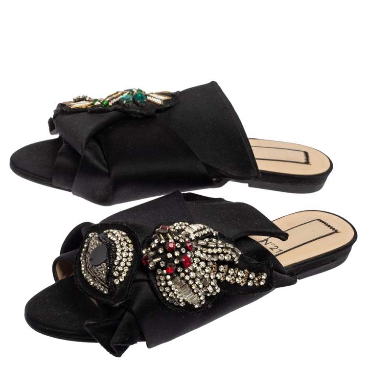 Pre Owned N°21 Black Satin  Embellished Knot Flats Sandals Size 38
