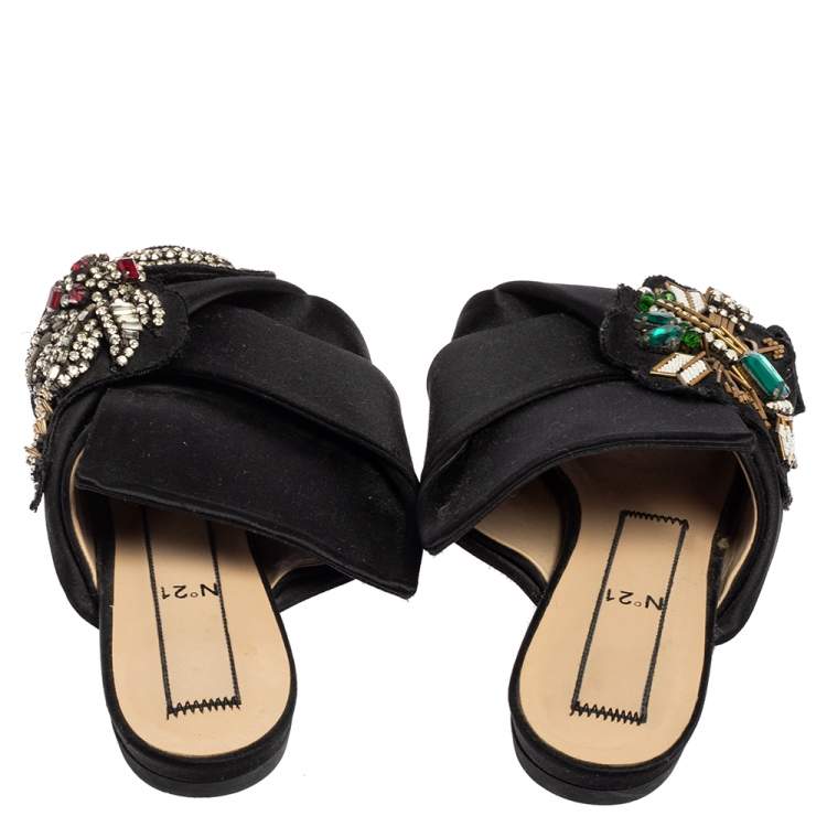 Pre Owned N°21 Black Satin  Embellished Knot Flats Sandals Size 38