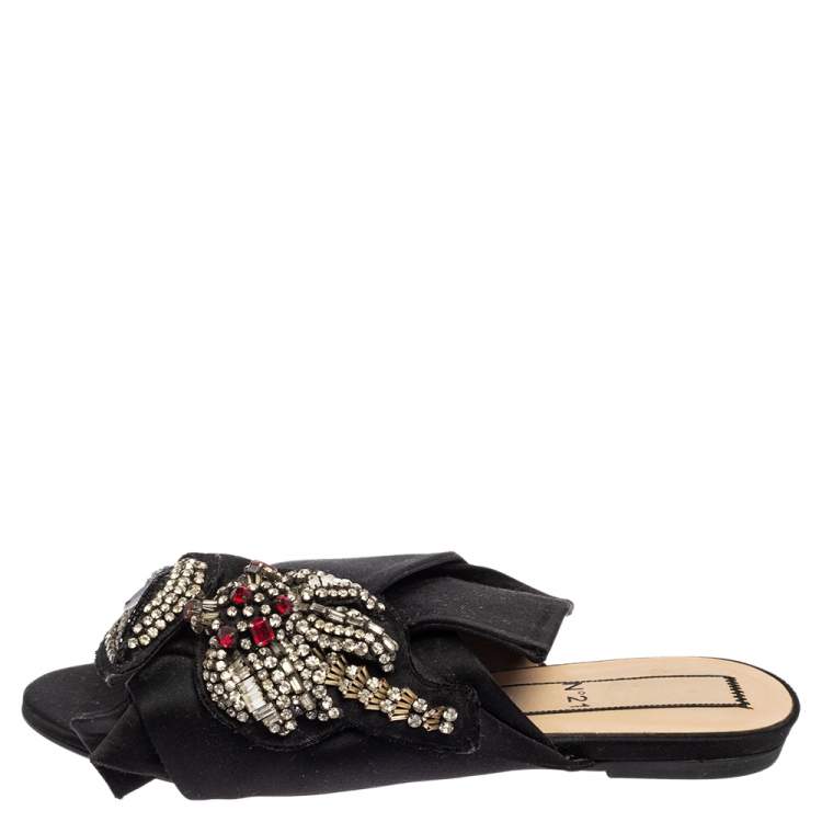 Pre Owned N°21 Black Satin  Embellished Knot Flats Sandals Size 38