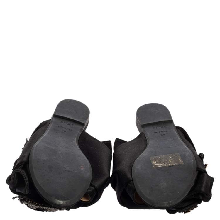 Pre Owned N°21 Black Satin  Embellished Knot Flats Sandals Size 38