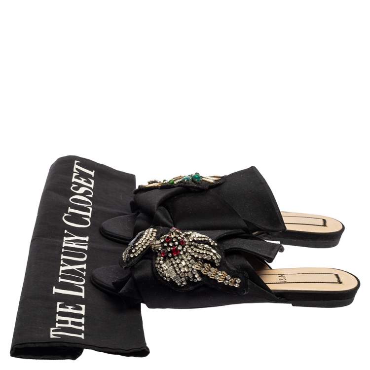 Pre Owned N°21 Black Satin  Embellished Knot Flats Sandals Size 38