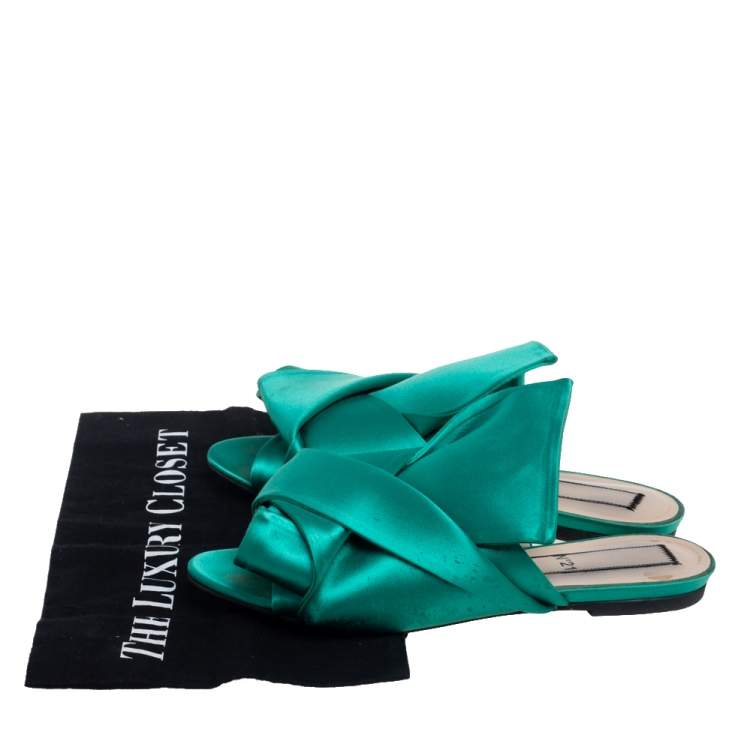 Pre Owned Nº21 Green Satin Knot Flat Mules Size 38