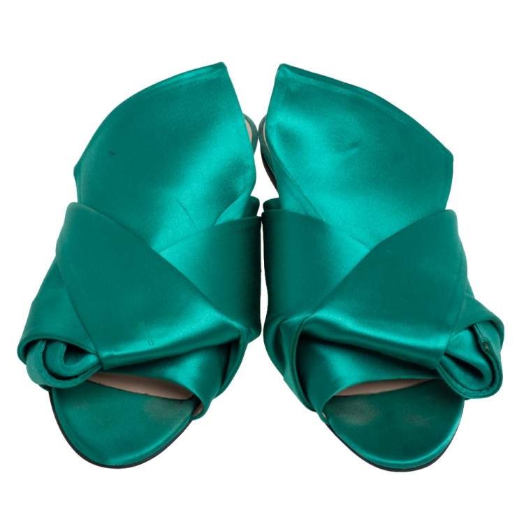 Pre Owned Nº21 Green Satin Knot Flat Mules Size 38