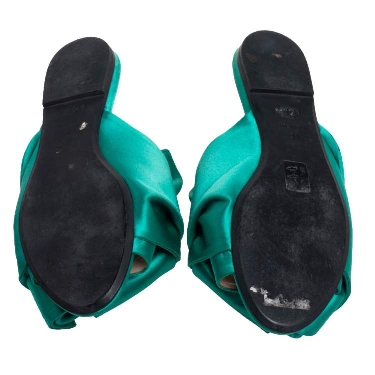 Pre Owned Nº21 Green Satin Knot Flat Mules Size 38