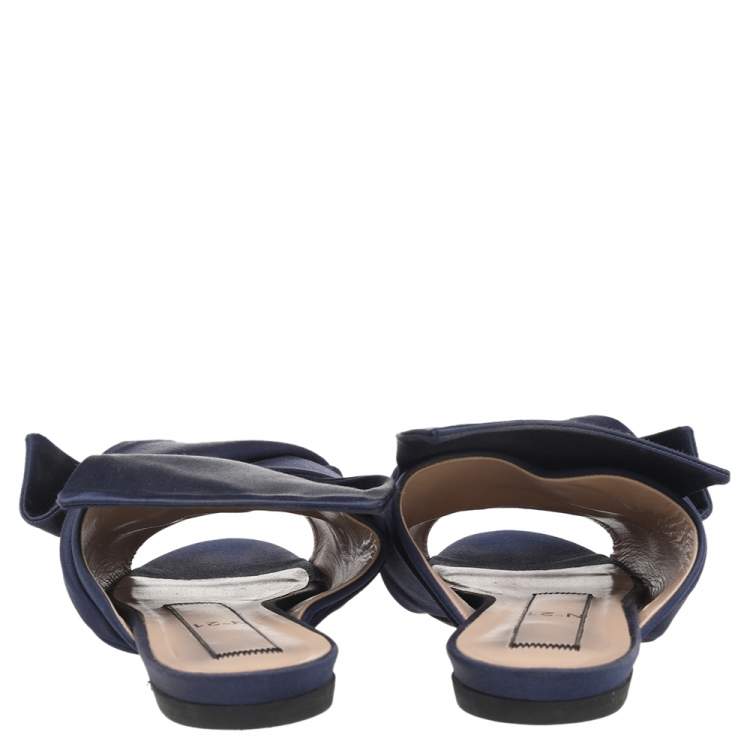 Pre Owned N21 Blue Satin Knot Flat Slides Size 38.5