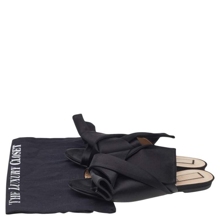 Pre Owned N21 Black Satin Knot Flat Sandals Size 39