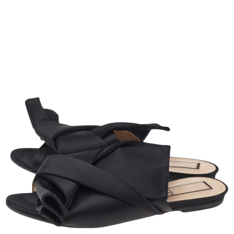 Pre Owned N21 Black Satin Knot Flat Sandals Size 39