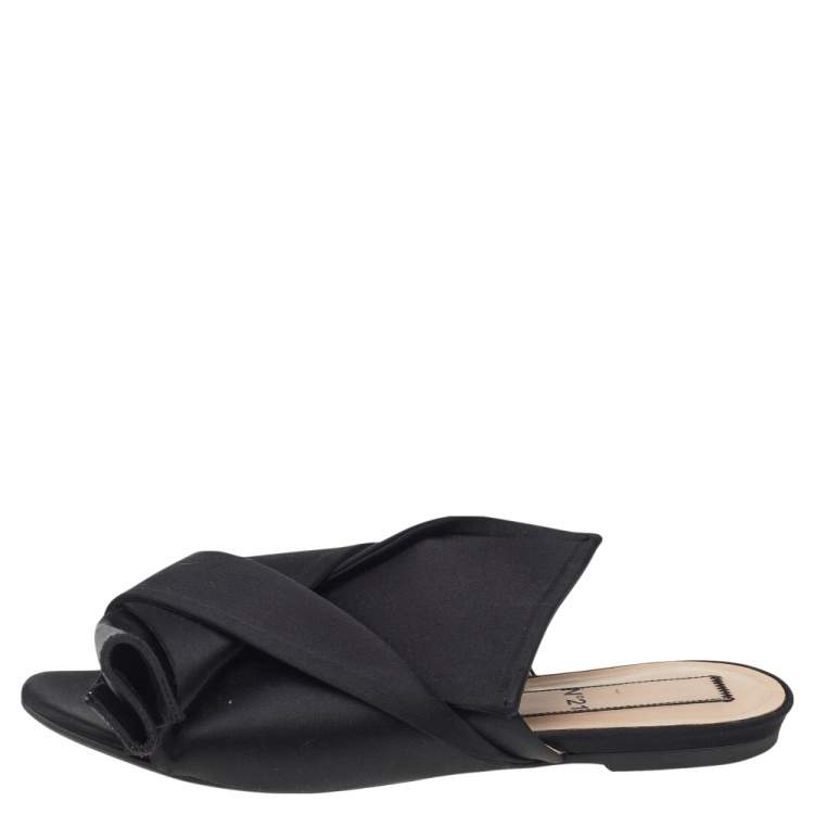 Pre Owned N21 Black Satin Knot Flat Sandals Size 39