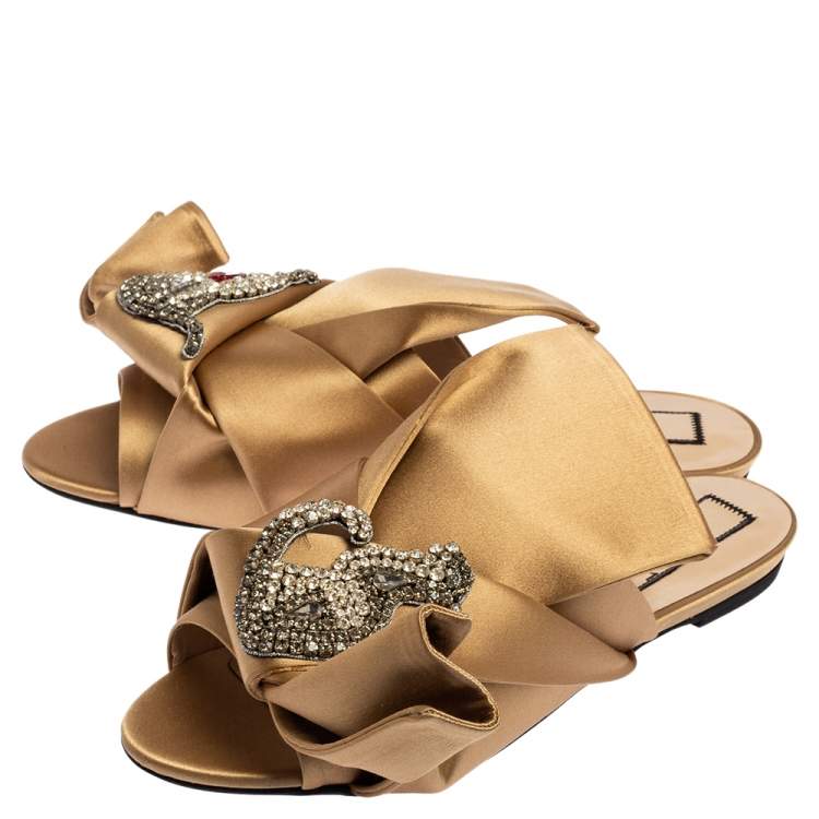Pre Owned Nº21 Beige Satin Raso Knot Flat Slides Size 40