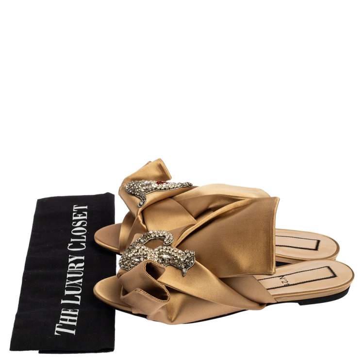 Pre Owned Nº21 Beige Satin Raso Knot Flat Slides Size 40