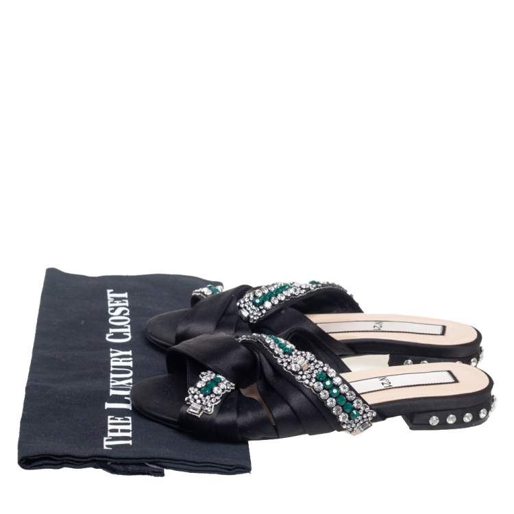 Pre Owned Nº21 Black Satin Crystal Embellished Knotted Flat Slides Size 38