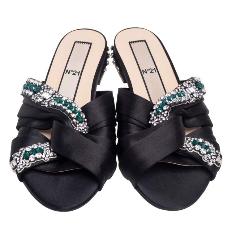 Pre Owned Nº21 Black Satin Crystal Embellished Knotted Flat Slides Size 38