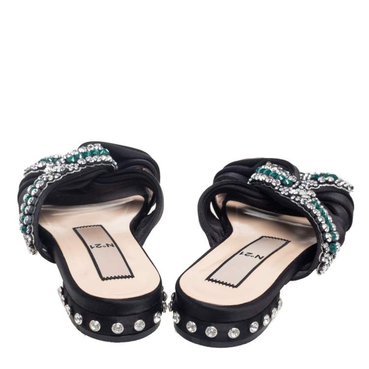 Pre Owned Nº21 Black Satin Crystal Embellished Knotted Flat Slides Size 38