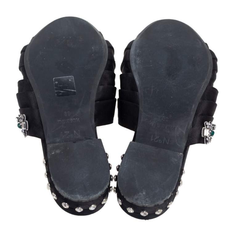 Pre Owned Nº21 Black Satin Crystal Embellished Knotted Flat Slides Size 38