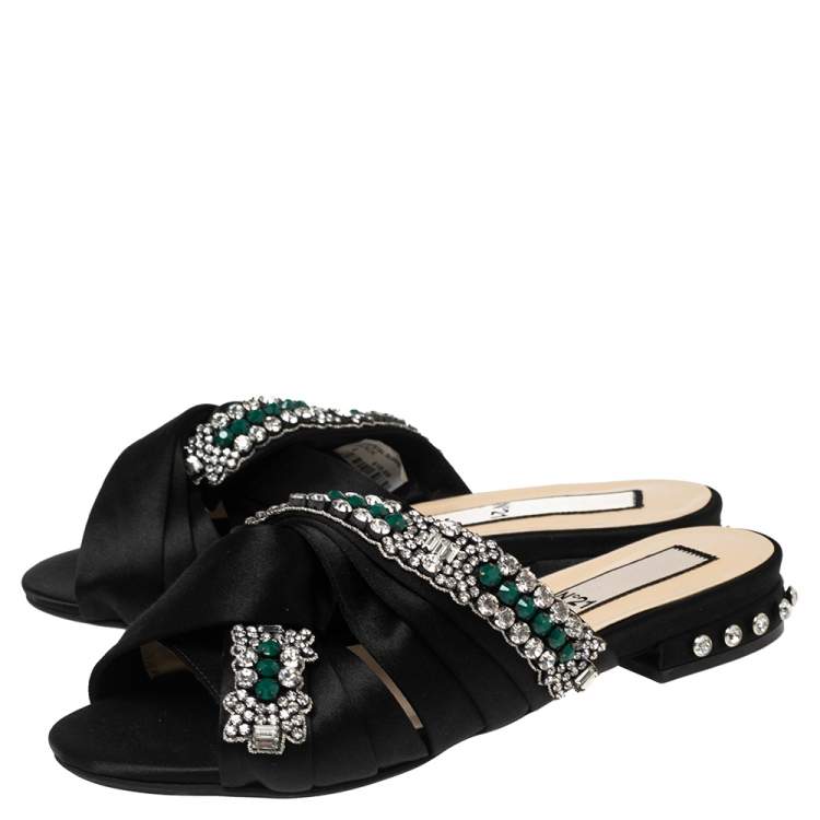 Pre Owned Nº21 Black Satin Crystal Embellished Knotted Flat Slides Size 37.5
