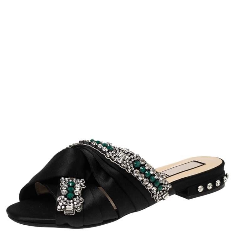 Pre Owned Nº21 Black Satin Crystal Embellished Knotted Flat Slides Size 37.5