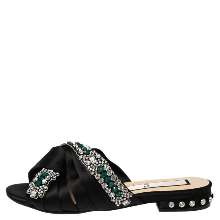 Pre Owned Nº21 Black Satin Crystal Embellished Knotted Flat Slides Size 37.5