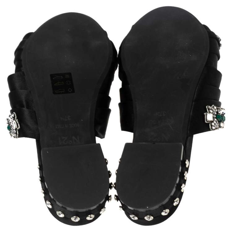 Pre Owned Nº21 Black Satin Crystal Embellished Knotted Flat Slides Size 37.5