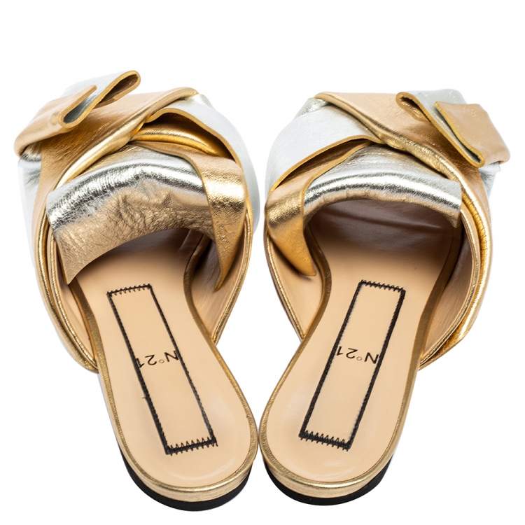 Pre Owned N°21 Metallic Gold/Silver Leather Raso Knot Flats Size 37
