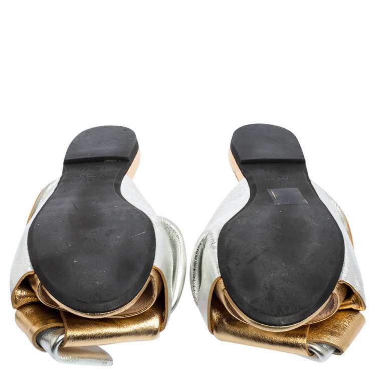 Pre Owned N°21 Metallic Gold/Silver Leather Raso Knot Flats Size 37