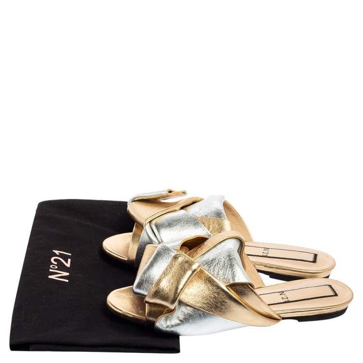 Pre Owned N°21 Metallic Gold/Silver Leather Raso Knot Flats Size 37