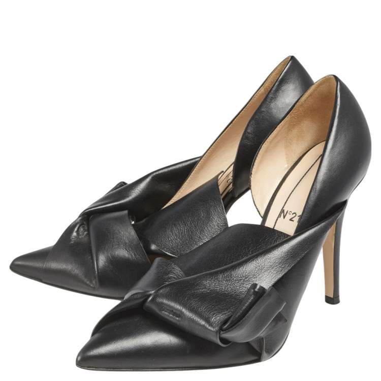 Pre Owned Nº21 Black Leather Knot Pointed Toe Pumps Size 37.5