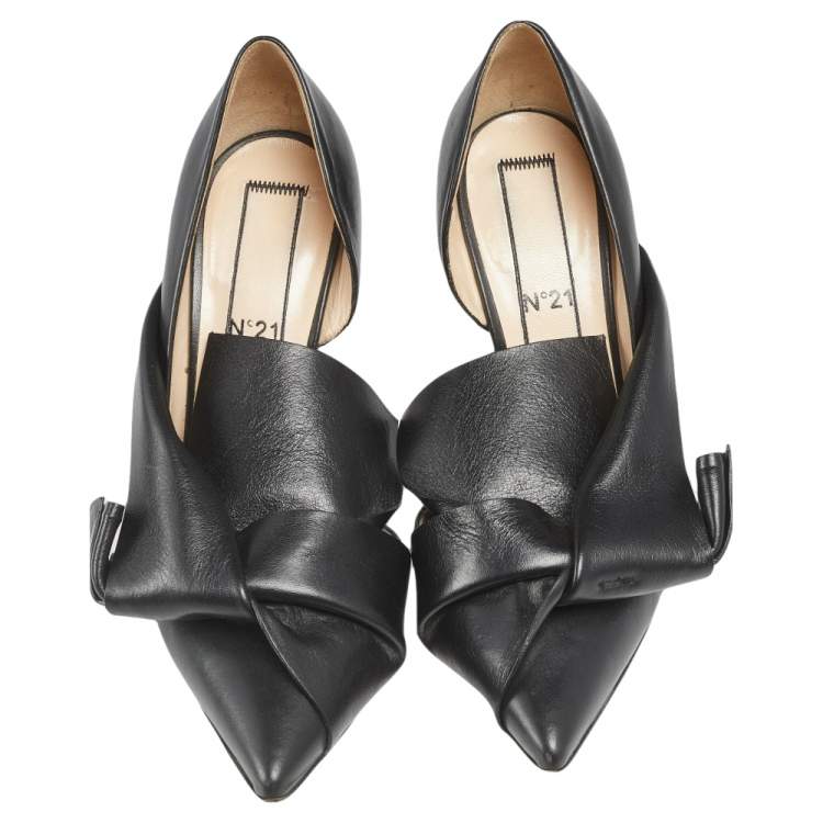Pre Owned Nº21 Black Leather Knot Pointed Toe Pumps Size 37.5