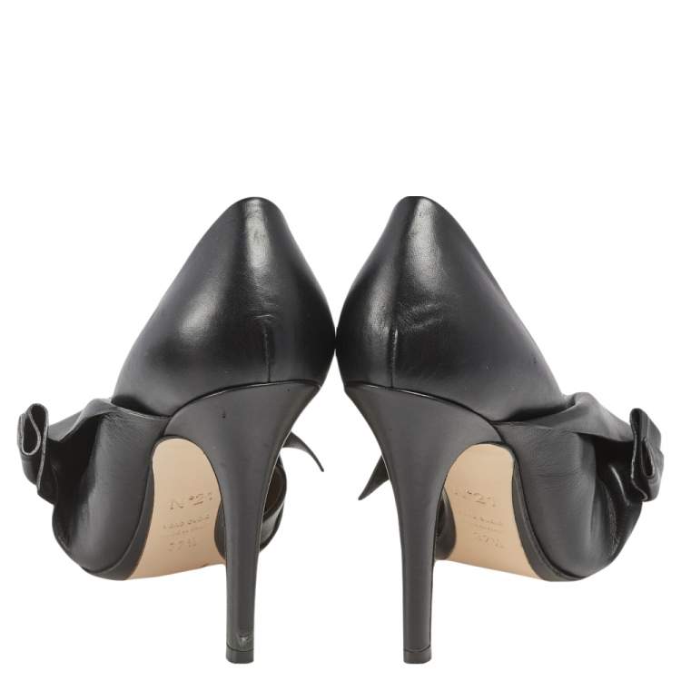 Pre Owned Nº21 Black Leather Knot Pointed Toe Pumps Size 37.5