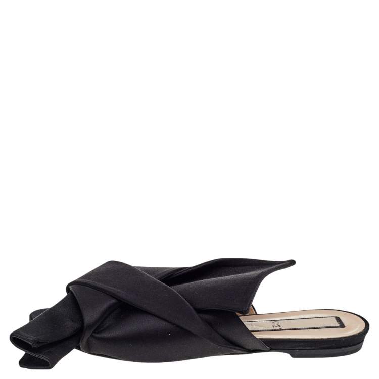 Pre Owned Nº21 Black Satin Knot Flat Mules Size 40.5