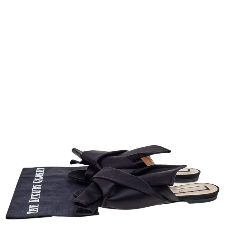 Pre Owned Nº21 Black Satin Knot Flat Mules Size 40.5