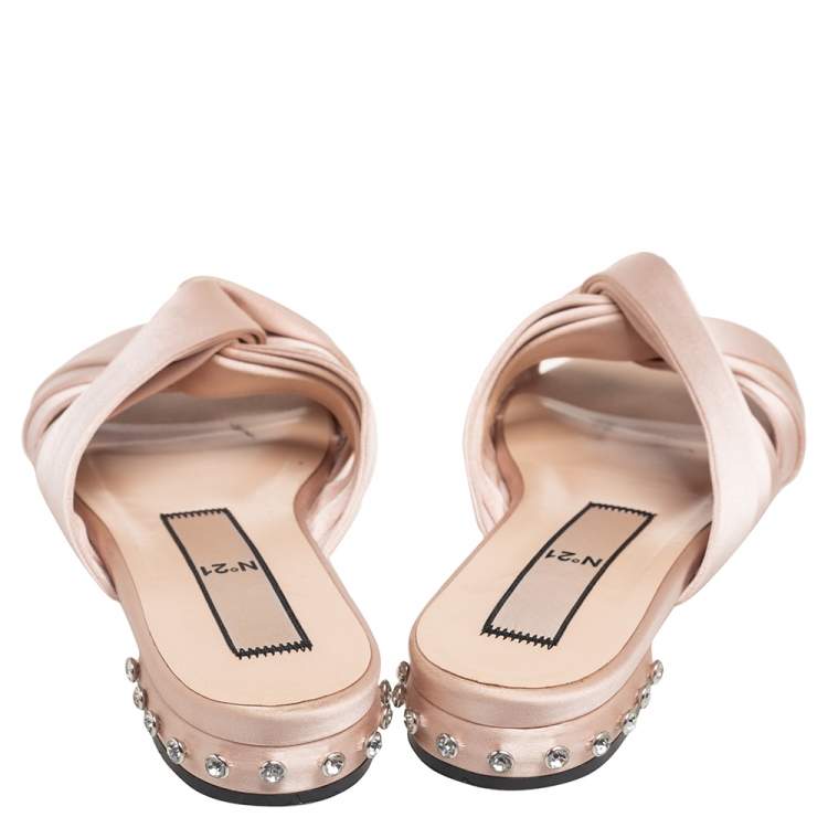 Pre Owned  Nº21 Beige Satin Knot Studded Heel Slide Sandals Size 40