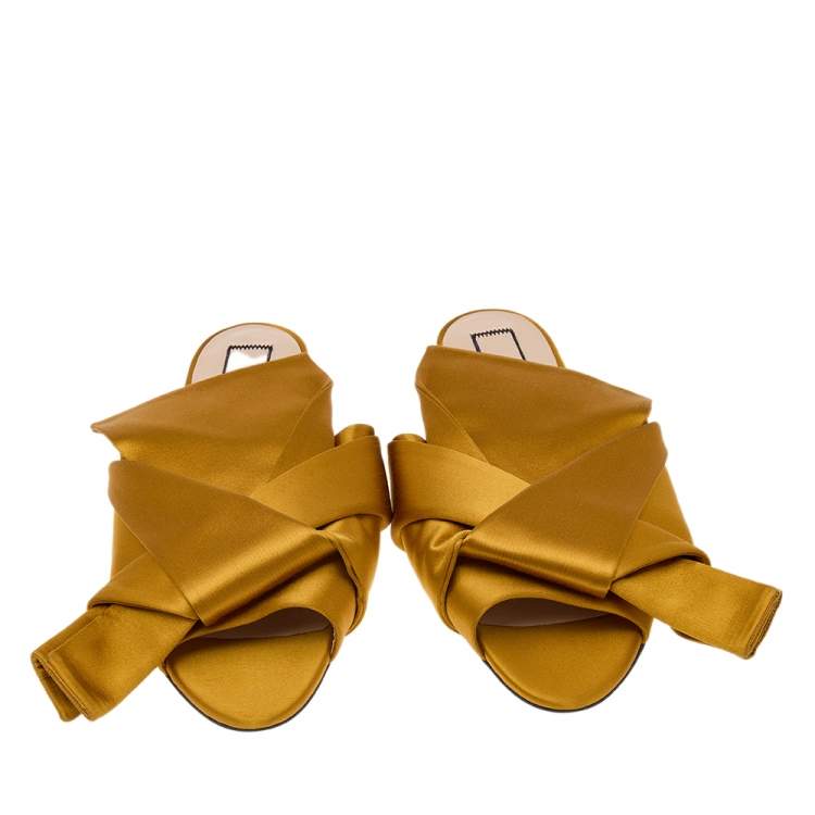 Pre Owned Nº21 Mustard Satin Knot Flat Mules Size 39