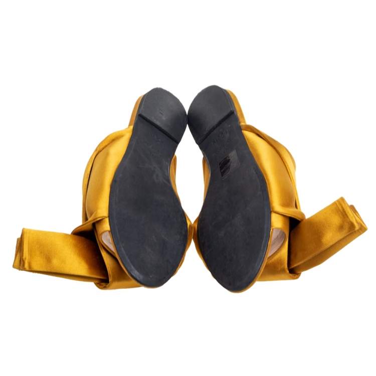 Pre Owned Nº21 Mustard Yellow Satin Knot Flat Mules Size 37
