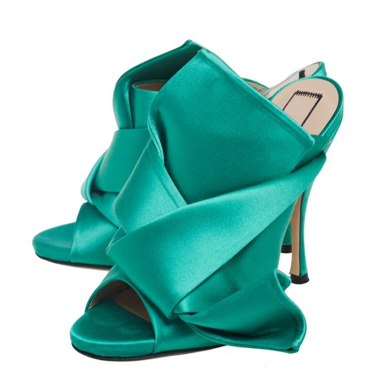 Pre Owned Nº21  Emerald Green Satin Raso Knot Peep-Toe Mules Size 38.5