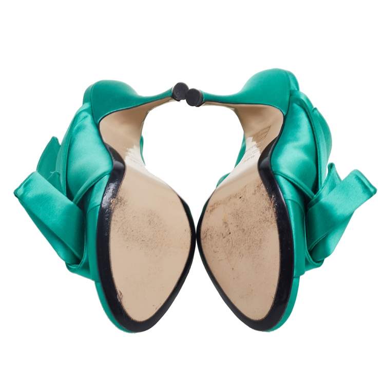 Pre Owned Nº21  Emerald Green Satin Raso Knot Peep-Toe Mules Size 38.5