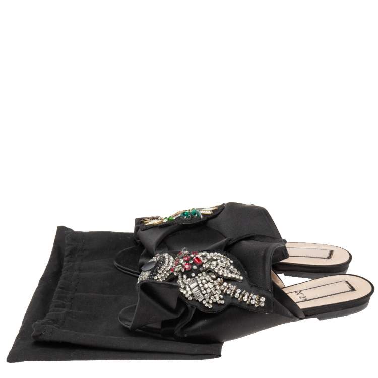 Pre Owned  Nº21 Black  Satin Knot Embellished Flat Sandals Size 37