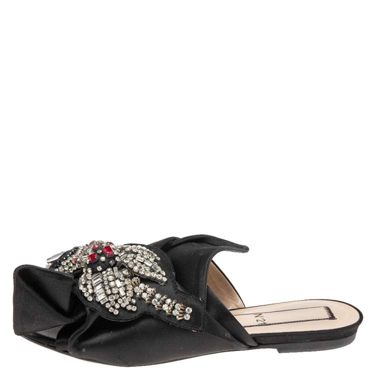 Pre Owned  Nº21 Black  Satin Knot Embellished Flat Sandals Size 37