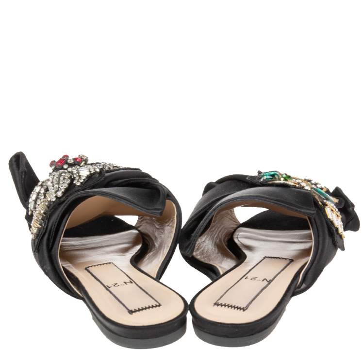 Pre Owned  Nº21 Black  Satin Knot Embellished Flat Sandals Size 37