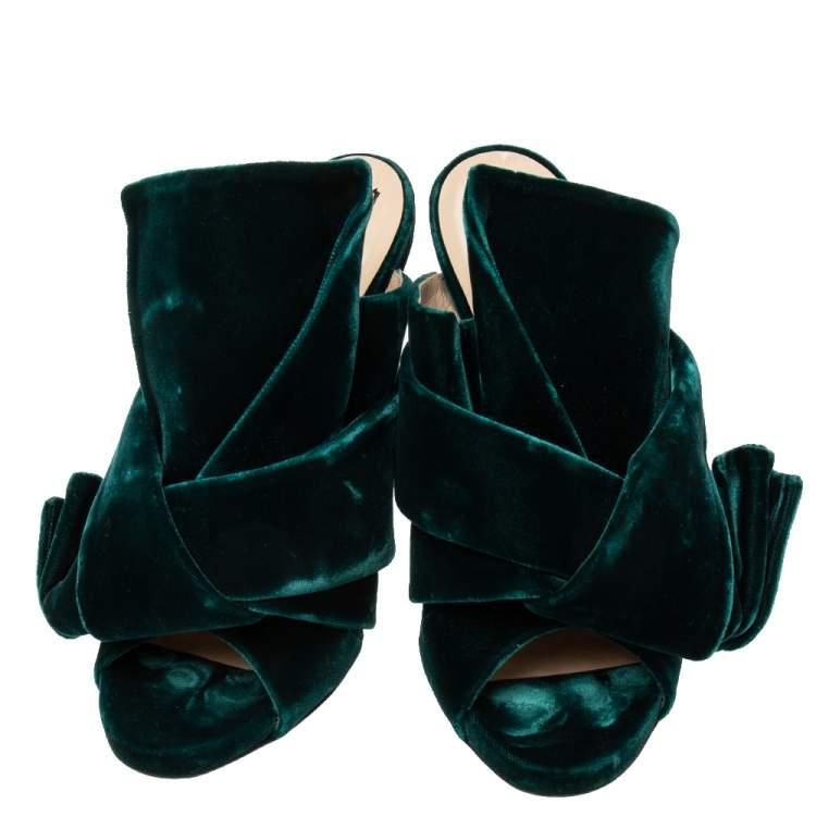 Pre Owned N21 Dark Green Velvet Knot Mules Size 38